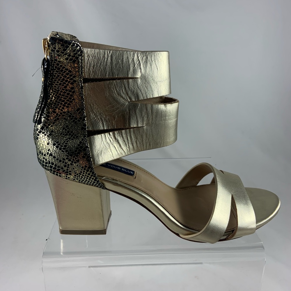 Marchez Vous Blue 8M gold snakeskin wedge heel